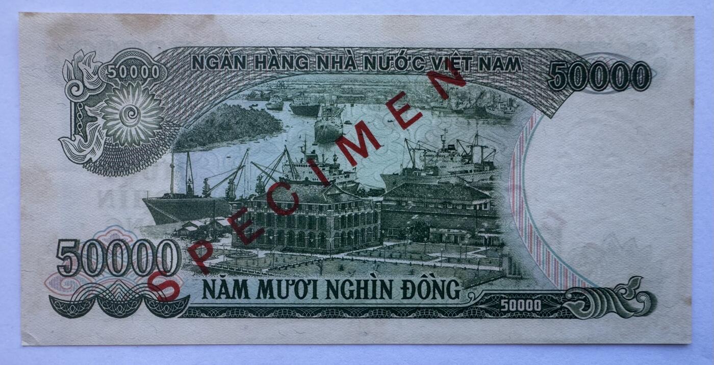 2025第25场（总第225期）：精品测试钞、塑料钞、纪念券、外钞综合场 票样Specimen 越南1990年版50000盾（无折有黄斑、如图）
