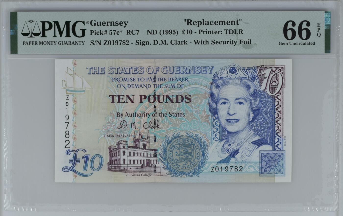 《艾美收藏》第223期-12.7周日外币畅拍 根西1995年少见补号Z冠10镑PMG66E亚军分无4 冠军67分仅2张 合计9张评级记录 Pick#57c*
