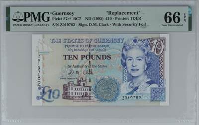《艾美收藏》第223期-12.7周日外币畅拍 - 根西1995年少见补号Z冠10镑PMG66E亚军分无4 冠军67分仅2张 合计9张评级记录 Pick#57c*