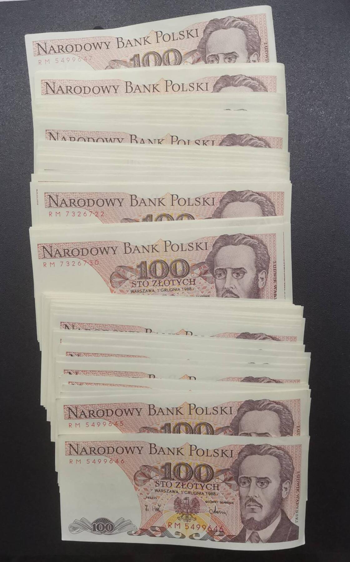 《艾美收藏》第223期-12.7周日外币畅拍 (100张)波兰1988年100兹罗提UNC/UNC- 捆痕/压痕&角不绝等微瑕