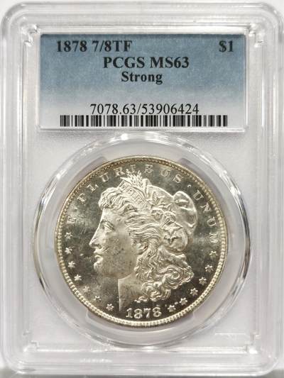 博洋堂藏家专场系列之美国钱币白金之夜专场②暨第152期（全场包邮）  - PCGS MS63 美国1878 首年摩根 7/8 Strong 尾部羽毛复打 稀有版别 此枚霜感十足 复打立体深俊