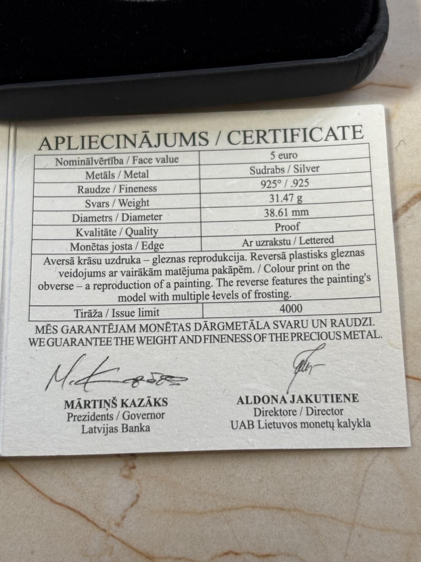 第184期拍卖 拉脱维亚2022年韦勒姆斯·珀维蒂斯《冬日》彩色纪念银币，925银，31.47克，发行4000枚