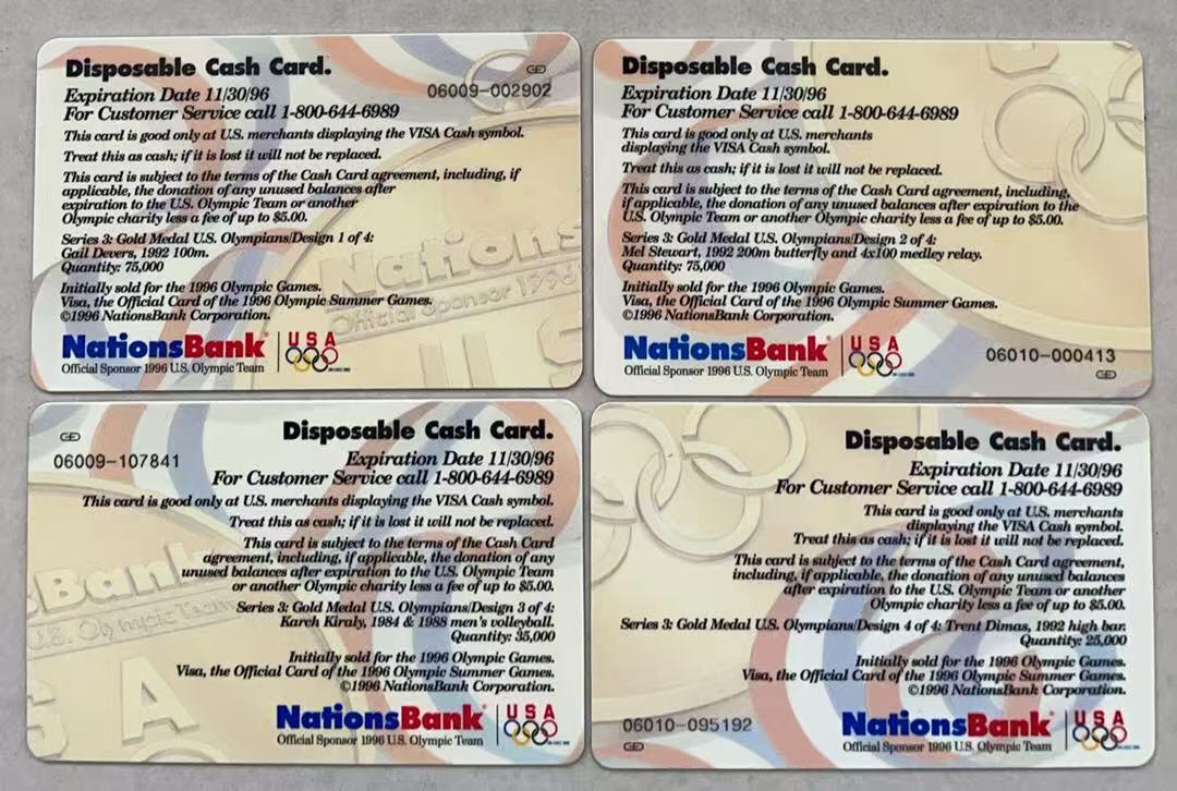 《卡拍》第341期拍卖12月6日晚22：10时延时截拍 美国国家银行VISA Cash现金卡《96亚特兰大奥运会（三）金牌系列》四全IC卡，芯片有氧化，中上品。
