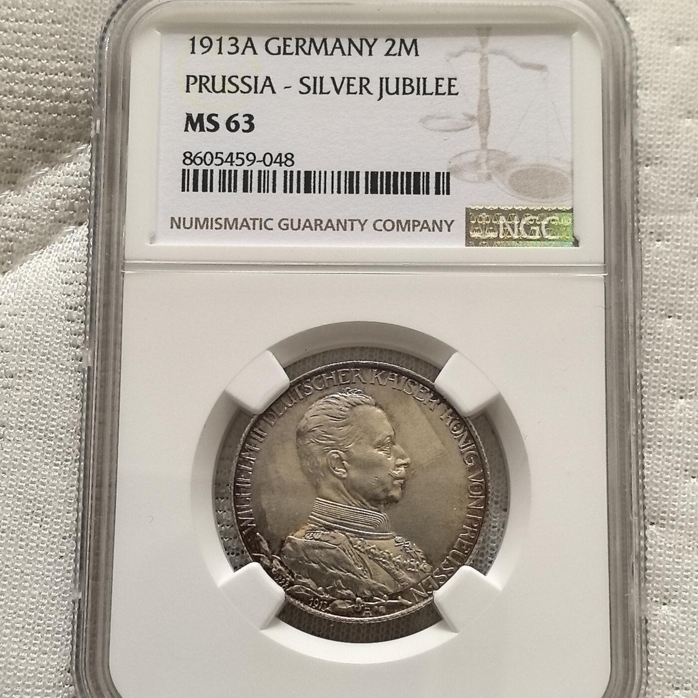 道一币馆币章第一百五十八场 NGC MS63 普鲁士德国1913年威廉二世登基25周年戎装2马克银币