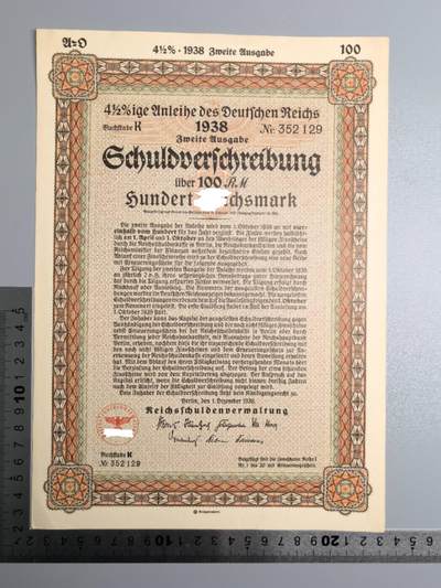小驴勋章奖章收藏12月06日周六晚六点拍卖（珍爱和平，收藏战争，铭记历史，勿忘国耻，忠党爱国。有偿代拍，送拍规则在简介最后，参拍须阅读规则后再参拍，关系到运费包装发货时效真假辨别等关键信息，拍卖时不再发原图，看大图店主微信码在拍卖店铺介绍里） - 1938年100马克国债债券