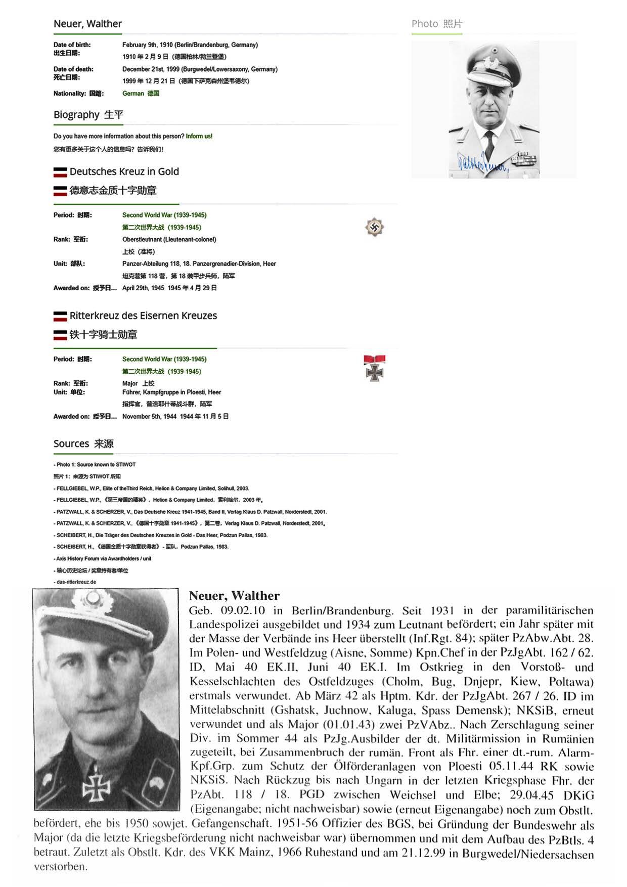 小驴勋章奖章收藏12月06日周六晚六点拍卖（珍爱和平，收藏战争，铭记历史，勿忘国耻，忠党爱国。有偿代拍，送拍规则在简介最后，参拍须阅读规则后再参拍，关系到运费包装发货时效真假辨别等关键信息，拍卖时不再发原图，看大图店主微信码在拍卖店铺介绍里） 装甲指挥官Walther Neuer 战后正反面双亲签