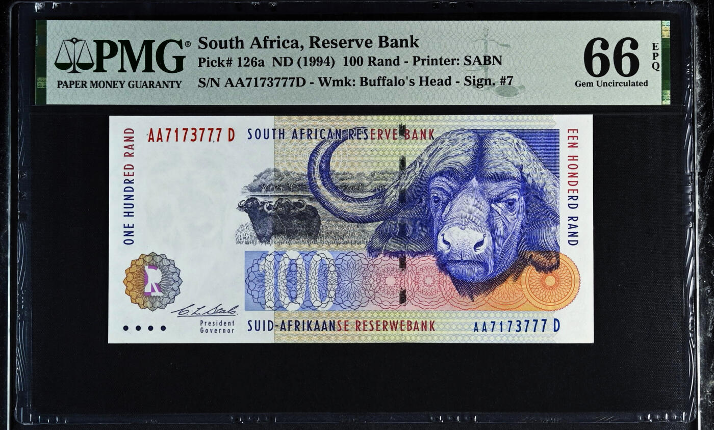 【Blue Auction】世界纸币精拍第759期——18级TOP拍卖/信誉/品质/专业/高效💫 【AAD首发冠 777豹子号】南非 1994年100兰特  PMG66EPQ 