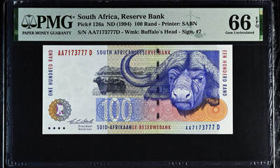 【Blue Auction】世界纸币精拍第759期——18级TOP拍卖/信誉/品质/专业/高效💫 - 【AAD首发冠 777豹子号】南非 1994年100兰特  PMG66EPQ 
