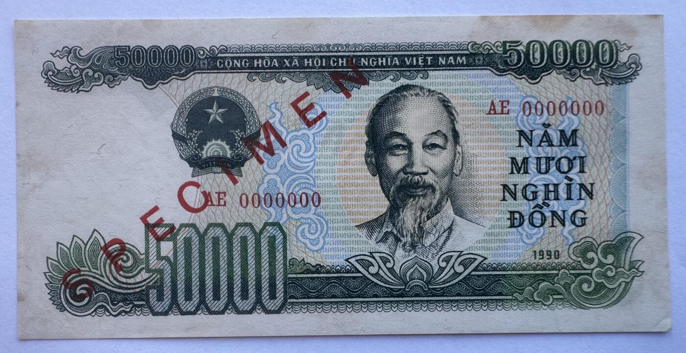 2025第25场（总第225期）：精品测试钞、塑料钞、纪念券、外钞综合场 票样Specimen 越南1990年版50000盾（无折有黄斑、如图）