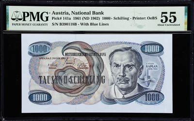 【Blue Auction】世界纸币精拍第759期——18级TOP拍卖/信誉/品质/专业/高效💫 - 【无47】奥地利 1961年1000先令 卡普兰 PMG55 状态佳  经典品种