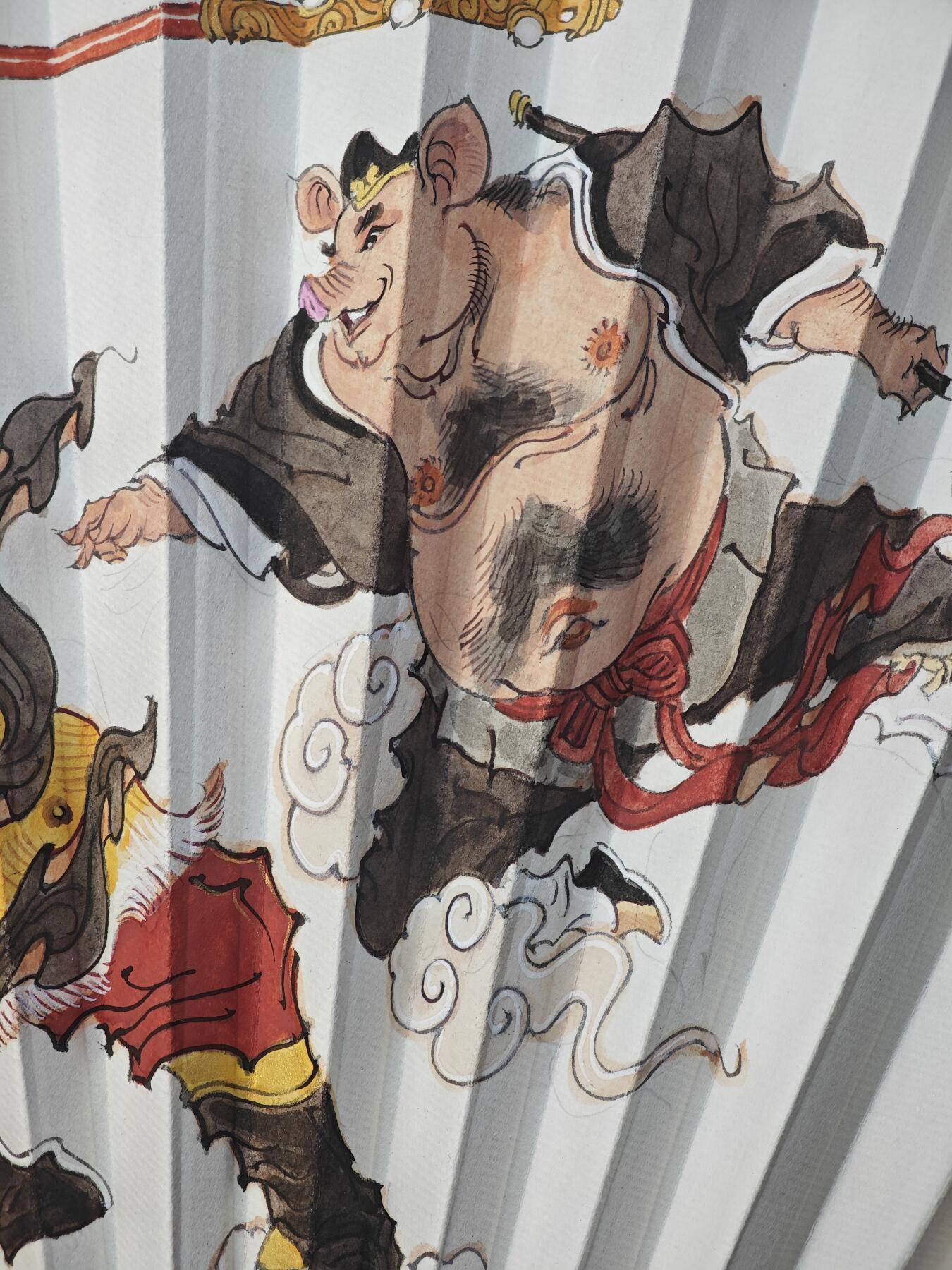 白泽拍卖卡牌手绘专场第29期（忽有故人心上过，回首山河已是秋） 2025 陈岱青手绘扇 西行之路 降妖图 规格：九五寸 十八方玉竹 熟宣折扇 配扇箍 扇套  陈岱青亲签