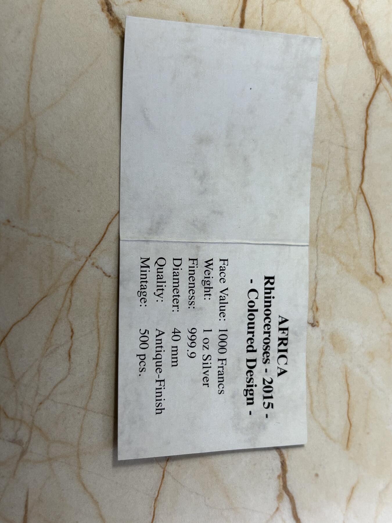 第184期拍卖 刚果2015年非洲野生动物系列母子犀牛1盎司银币带证书，999银，发行2000枚