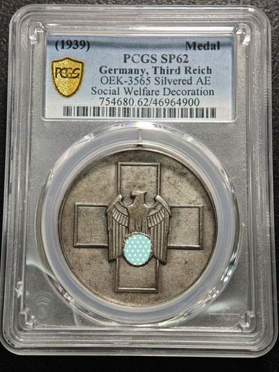 【德藏】世界币章拍卖第155期（拍品征集中~欢迎藏友联系） - 1939年 德国民族社会主义工人党公共卫生奖章镀银铜章 PCGS SP62（原图请查询PCGS评级官网）