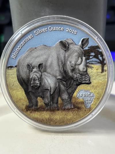 第184期拍卖 - 刚果2015年非洲野生动物系列母子犀牛1盎司银币带证书，999银，发行2000枚