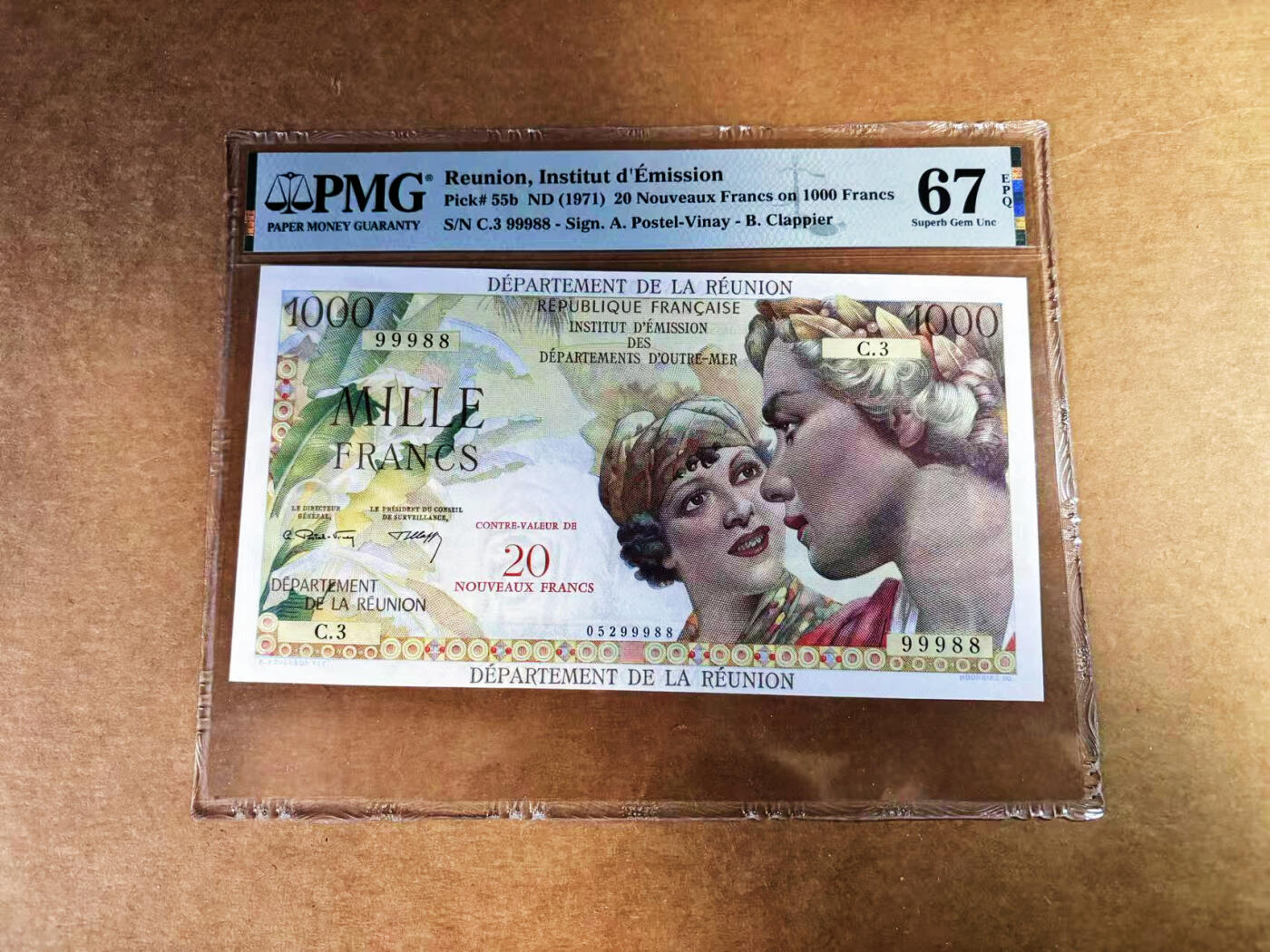 【Blue Auction】世界纸币精拍第759期——18级TOP拍卖/信誉/品质/专业/高效💫 【靓号99988倒置号】留尼旺 1971年20新法郎 PMG67EPQ 高分 大票幅 风光唯美 景色怡人 法属经典