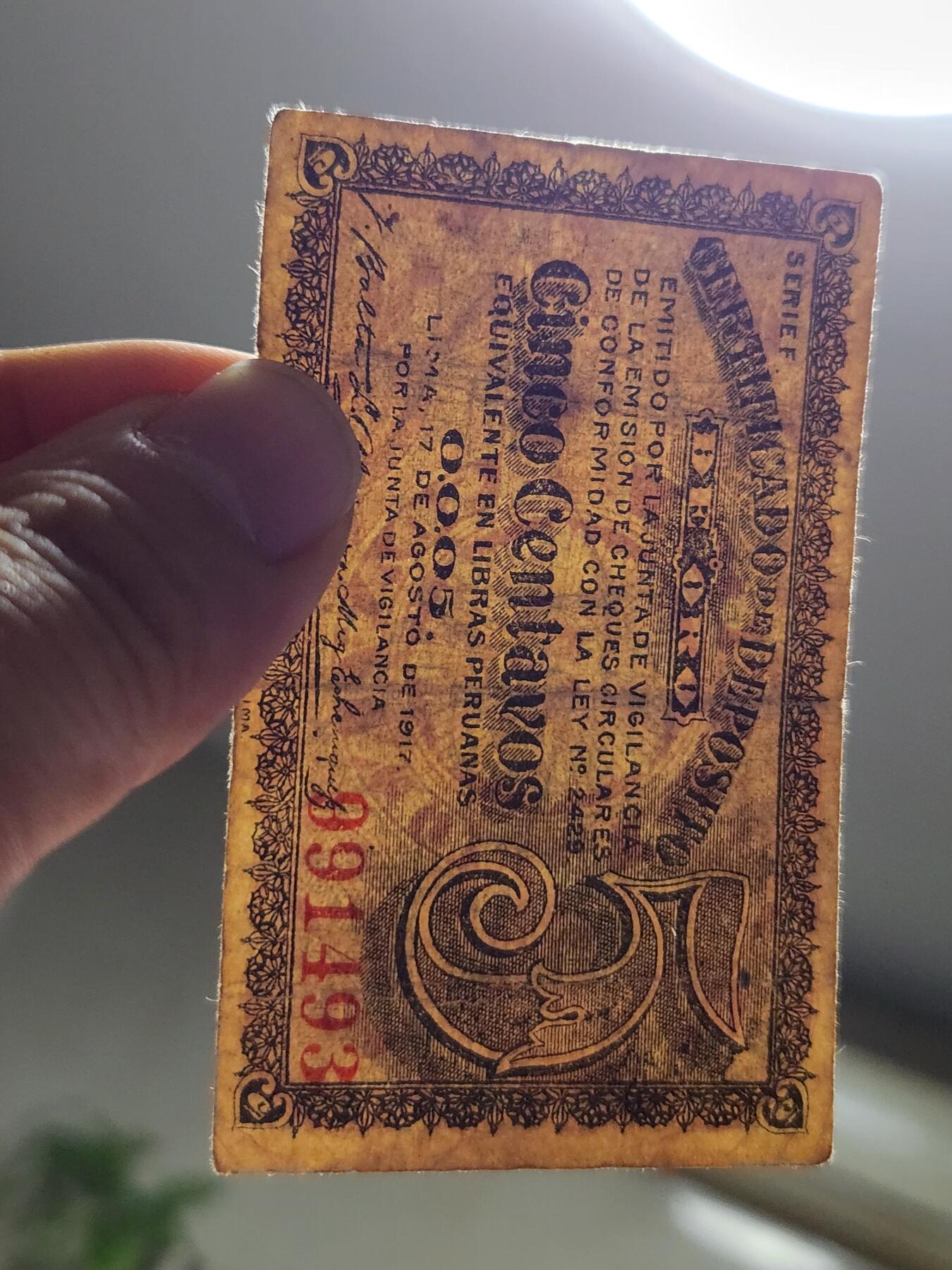 12月6号晚上8点 外国纸币自动截拍第70场 秘鲁1917年5分 极少