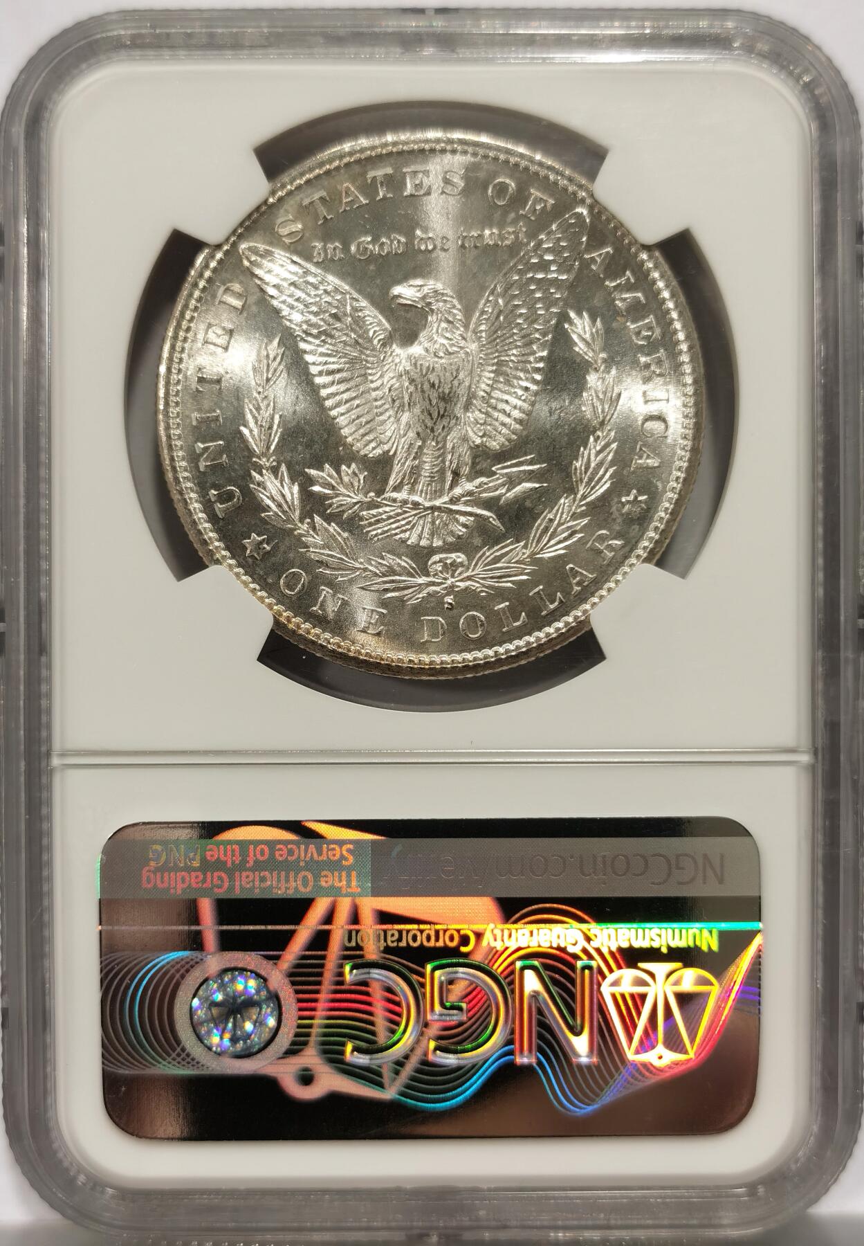 博洋堂藏家专场系列之美国钱币白金之夜专场②暨第152期（全场包邮）  NGC MS67 美国1881 S 摩根 人像面月牙形五彩包浆 高分难得