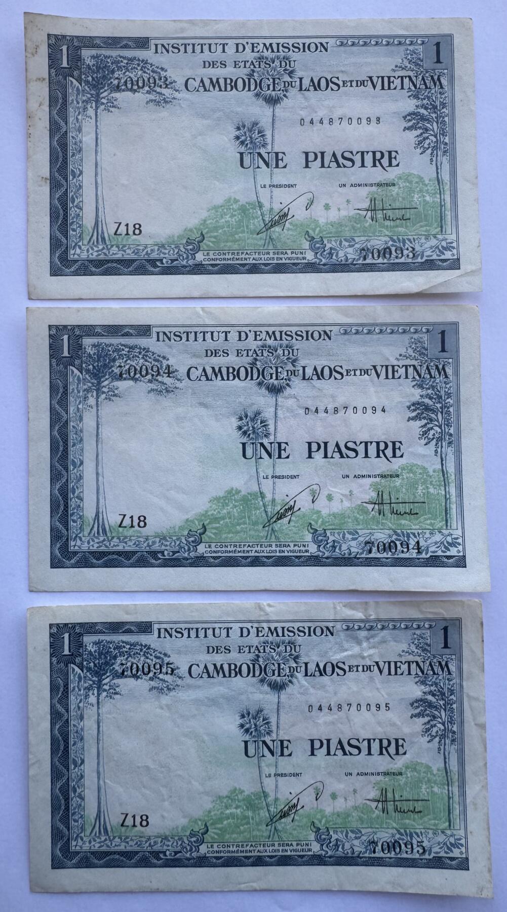 2025第25场（总第225期）：精品测试钞、塑料钞、纪念券、外钞综合场 法属印度支那/越南1954年版1 披亚士特一组3枚连号（品如图）