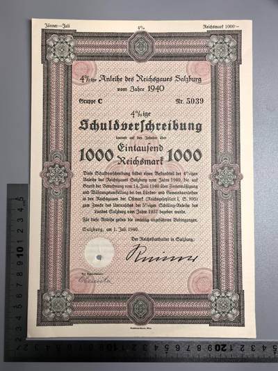 小驴勋章奖章收藏12月06日周六晚六点拍卖（珍爱和平，收藏战争，铭记历史，勿忘国耻，忠党爱国。有偿代拍，送拍规则在简介最后，参拍须阅读规则后再参拍，关系到运费包装发货时效真假辨别等关键信息，拍卖时不再发原图，看大图店主微信码在拍卖店铺介绍里） - 1940年1000马克国债债券