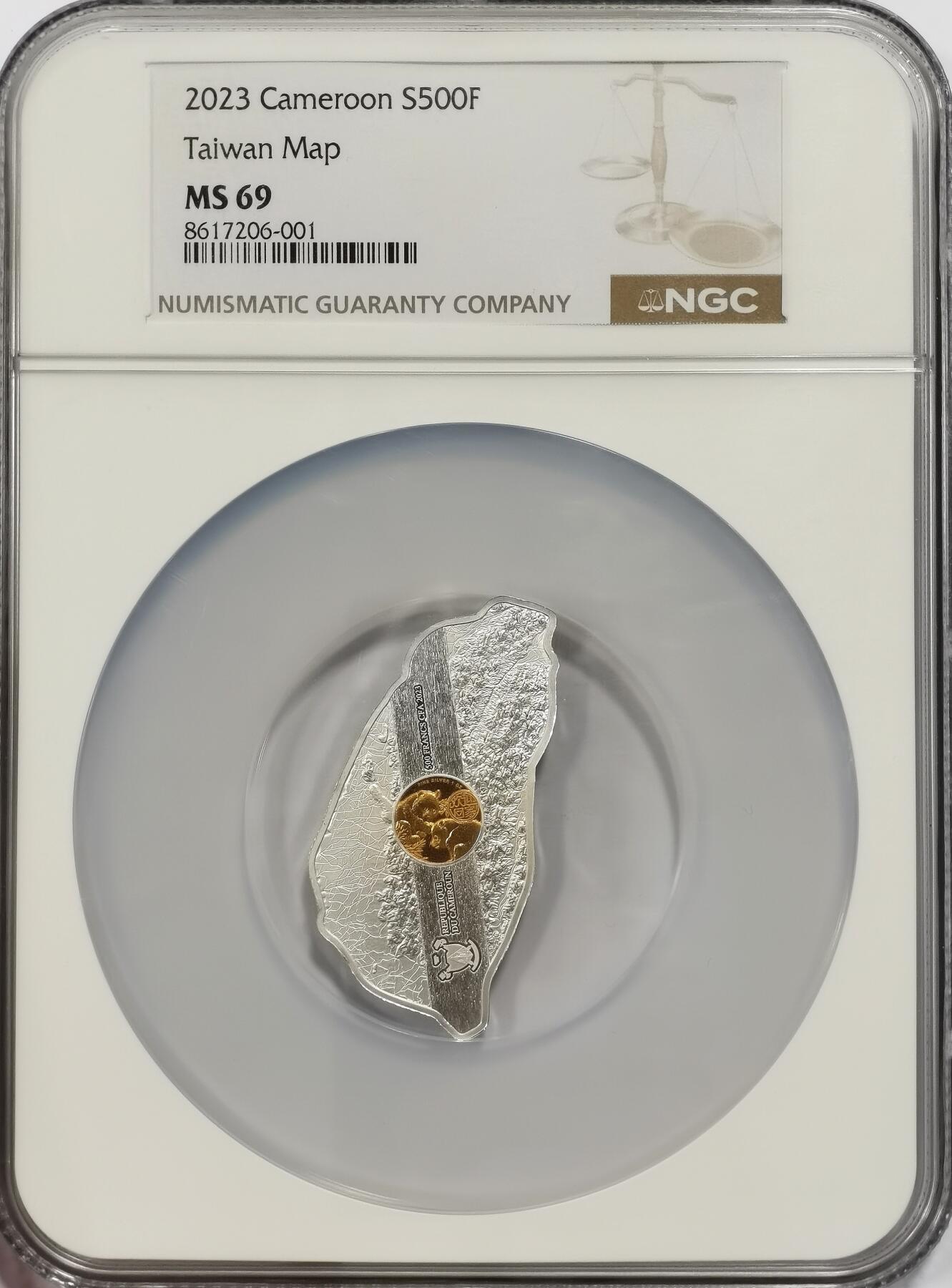 博洋堂世界钱币拍卖第150期（全场包邮） NGC MS69 喀麦隆2023年台湾省地图1盎司异型镀金银币，面值500F，发行量仅500枚，祖国统一题材，大热门品种