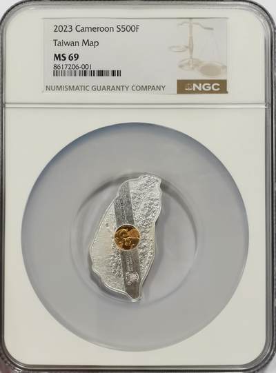 博洋堂世界钱币拍卖第150期（全场包邮） NGC MS69 喀麦隆2023年台湾省地图1盎司异型镀金银币，面值500F，发行量仅500枚，祖国统一题材，大热门品种