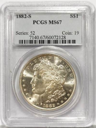博洋堂藏家专场系列之美国钱币白金之夜专场②暨第152期（全场包邮）  - PCGS MS67 美国1882 S 摩根 铸打精美 十字转光 高分难得