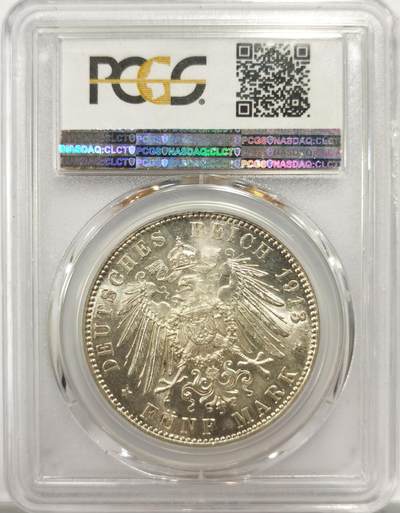 博洋堂世界钱币拍卖第150期（全场包邮） PCGS MS63 德国巴伐利亚1913年奥托5马克银币 转光不错 底板优秀 德系不可或缺的品种