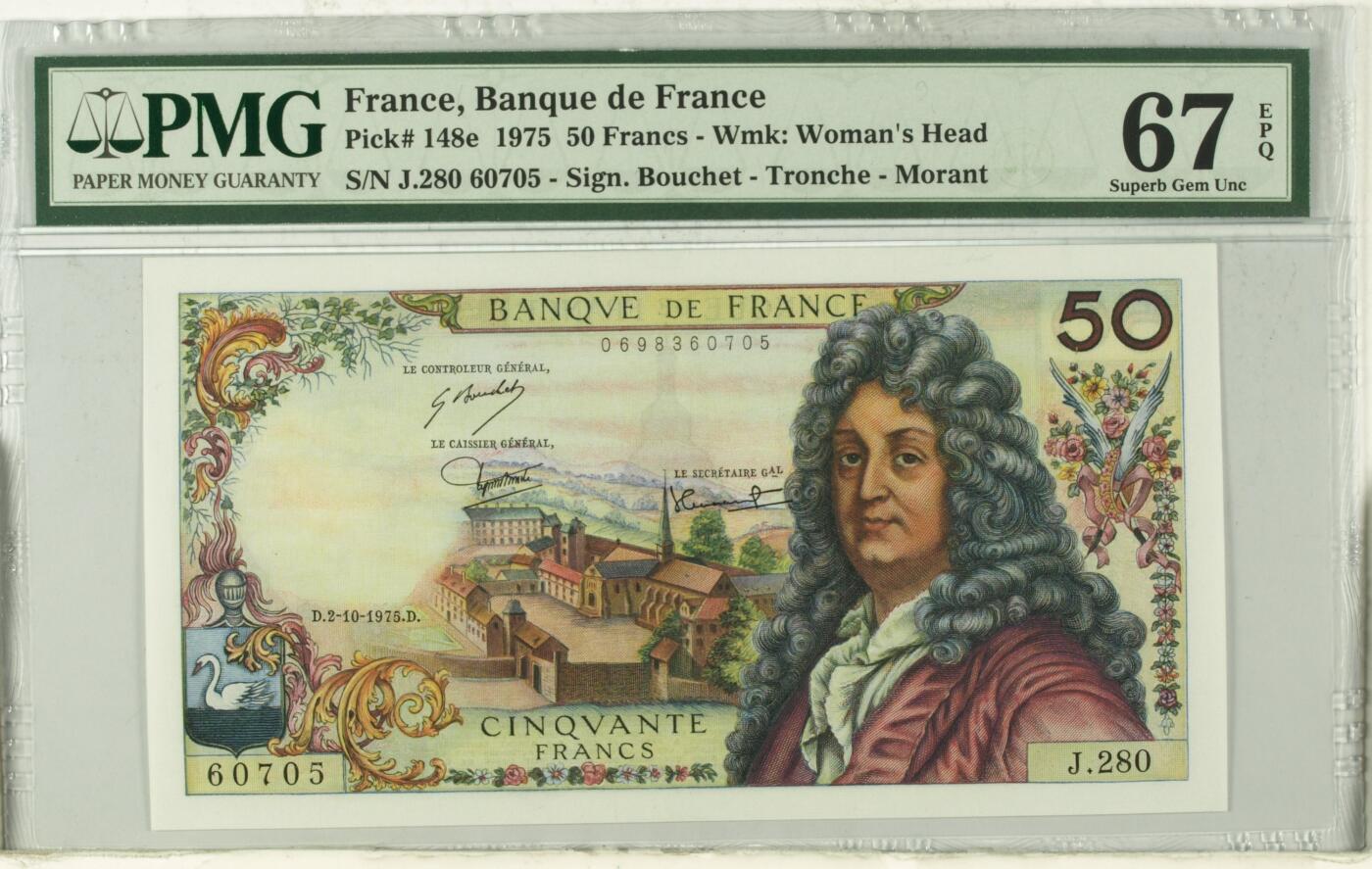 《艾美收藏》第223期-12.7周日外币畅拍 法国1975年50法郎PMG67E亚军分无4 冠军68分仅5张 法国剧作家拉辛 Pick#148e