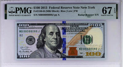 【Blue Auction】世界纸币精拍第759期——18级TOP拍卖/信誉/品质/专业/高效💫 -  【雷达号 旋转倒置号 数二】美国 2013年100美金 PMG67EPQ 