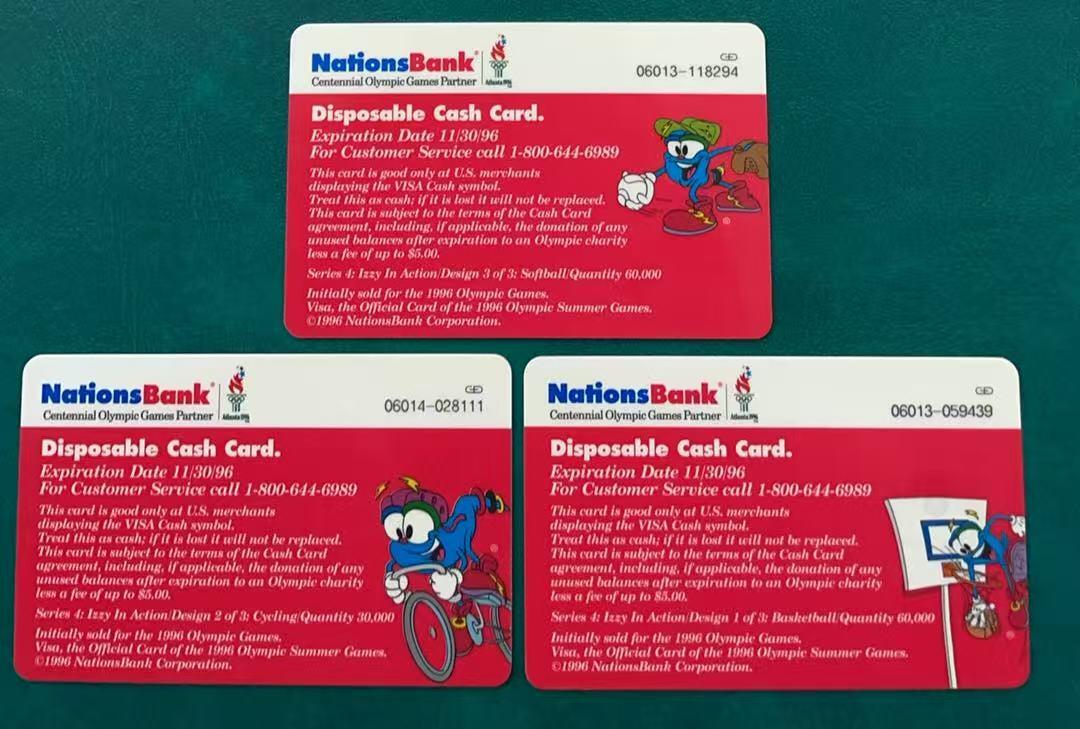 《卡拍》第341期拍卖12月6日晚22：10时延时截拍 美国国家银行VISA Cash现金卡《96亚特兰大奥运会（四）吉祥物系列》三全IC卡，芯片有氧化，中上品。