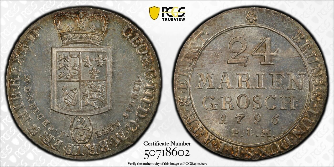 博洋堂世界钱币拍卖第150期（全场包邮） PCGS MS64 1796年不伦瑞克-汉诺威2/3泰勒 N、P双唯一冠军分 很难想象300年以上的大银币能有这种强光五彩状态，也是最热门的几个邦国之一，纹章兼具英德两国风格，极有特色的一个品种