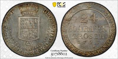 博洋堂世界钱币拍卖第150期（全场包邮） - PCGS MS64 1796年不伦瑞克-汉诺威2/3泰勒 N、P双唯一冠军分 很难想象300年以上的大银币能有这种强光五彩状态，也是最热门的几个邦国之一，纹章兼具英德两国风格，极有特色的一个品种