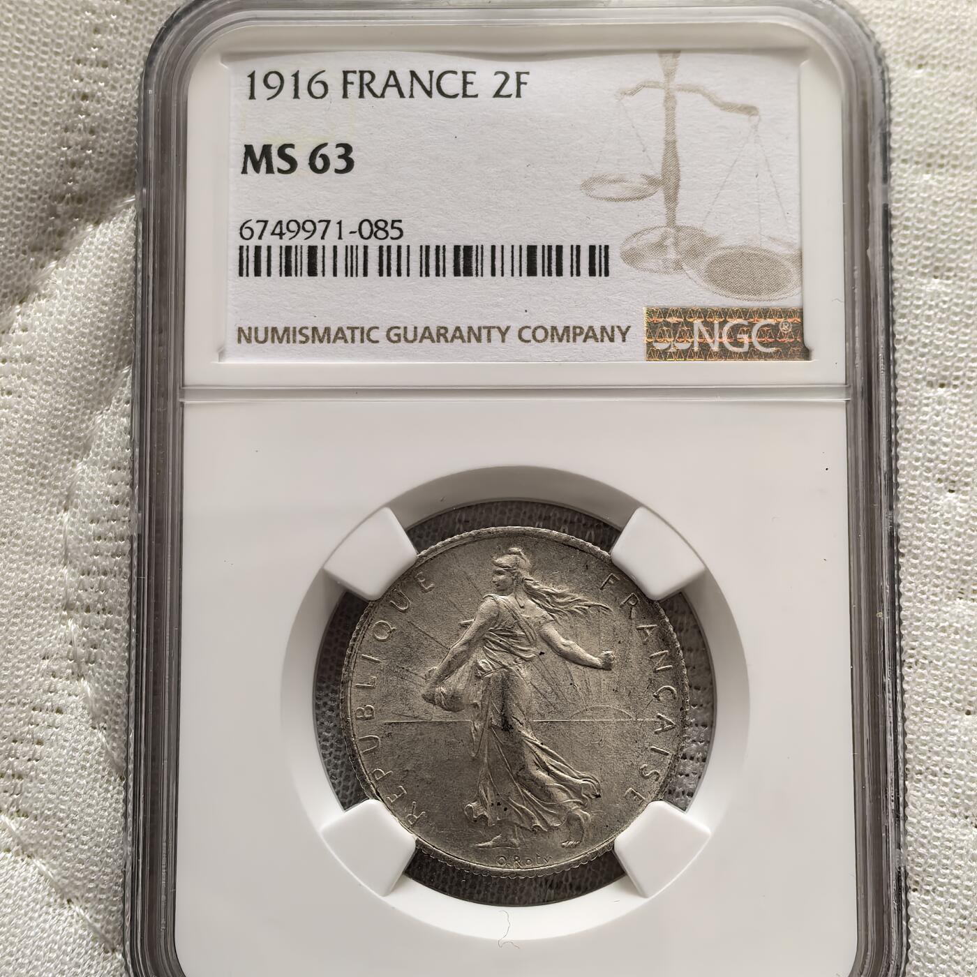 道一币馆币章第一百五十八场 NGC MS63 法国1916年播种女神2法郎银币