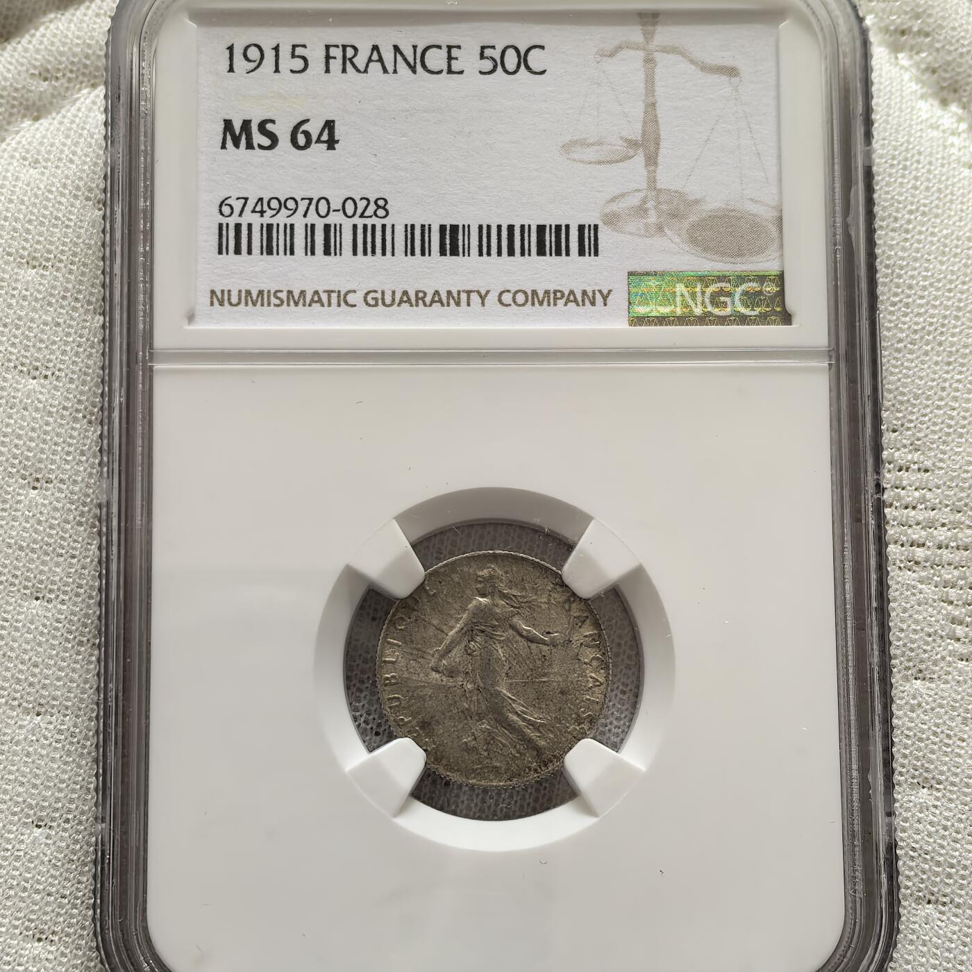 道一币馆币章第一百五十八场 NGC MS64 法国1915年播种女神50生丁银币