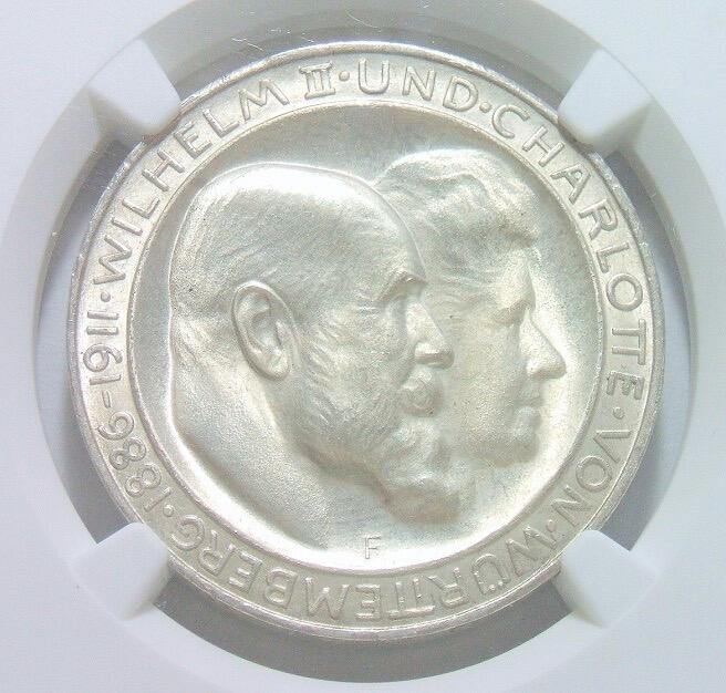 【银】NGC UNC 德国符腾堡1911年 威廉二世银婚3马克银币 开卷原光