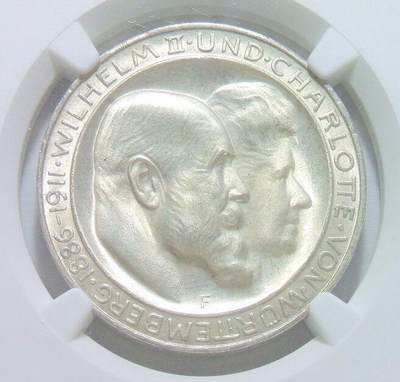 【银】NGC UNC 德国符腾堡1911年 威廉二世银婚3马克银币 开卷原光 - 【银】NGC UNC 德国符腾堡1911年 威廉二世银婚3马克银币 开卷原光