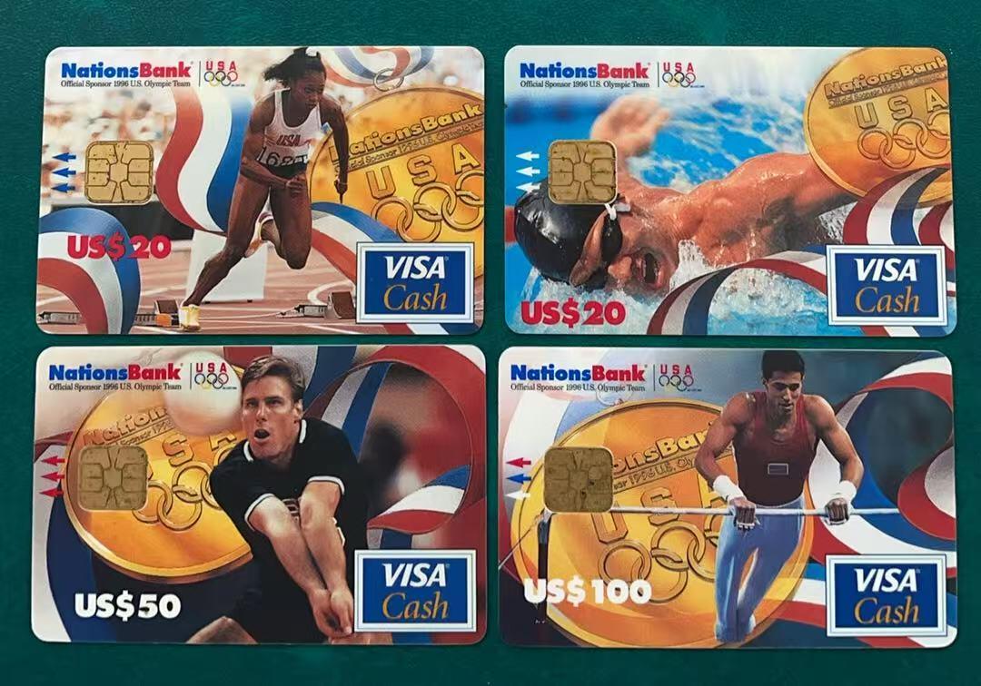 《卡拍》第341期拍卖12月6日晚22：10时延时截拍 美国国家银行VISA Cash现金卡《96亚特兰大奥运会（三）金牌系列》四全IC卡，芯片有氧化，中上品。