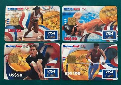 《卡拍》第341期拍卖12月6日晚22：10时延时截拍 - 美国国家银行VISA Cash现金卡《96亚特兰大奥运会（三）金牌系列》四全IC卡，芯片有氧化，中上品。