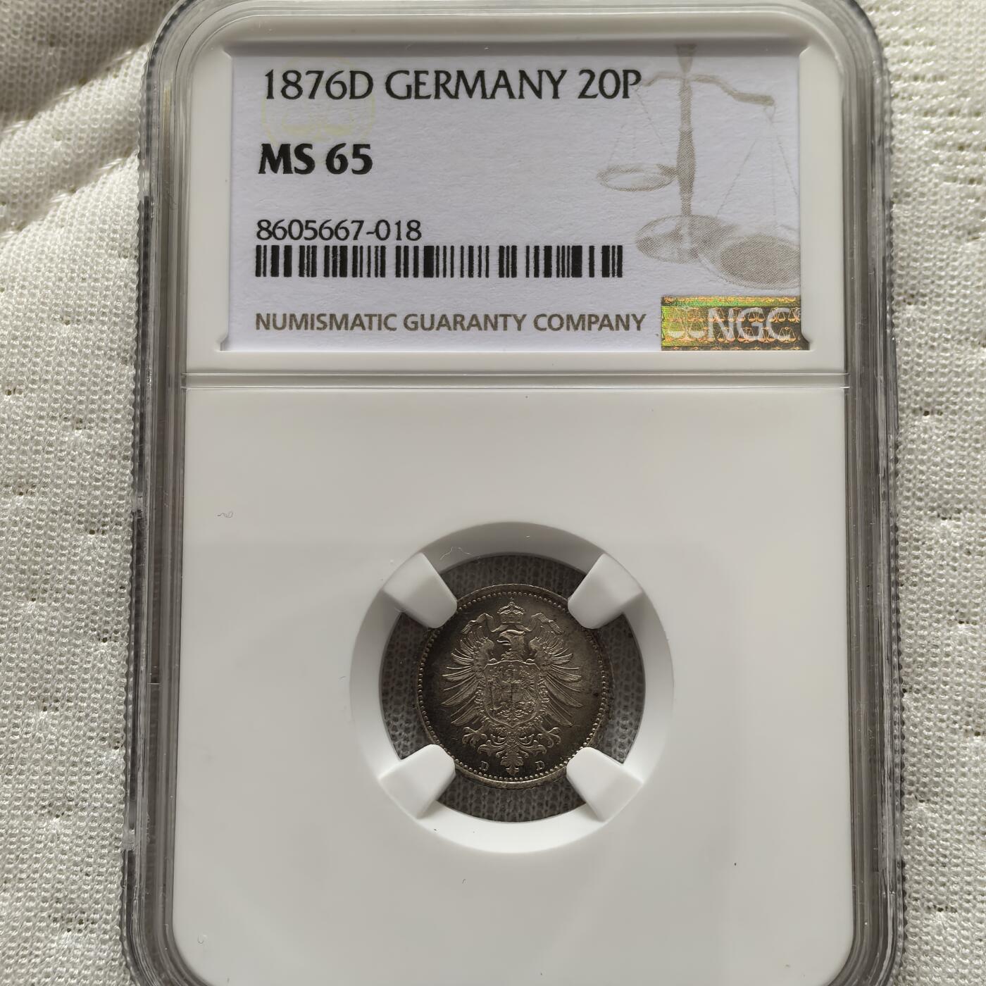 道一币馆币章第一百五十八场 NGC MS65 普鲁士德国1876年20芬尼银币