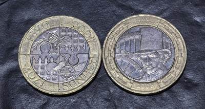 北京马甸外国币专卖第147期，外国币专场，陆续上拍，欢迎关注 - 英国2006年工程师布鲁内尔诞辰200周年2磅纪念币和2007年双色2英镑英格兰和苏格兰联合300周年纪念币