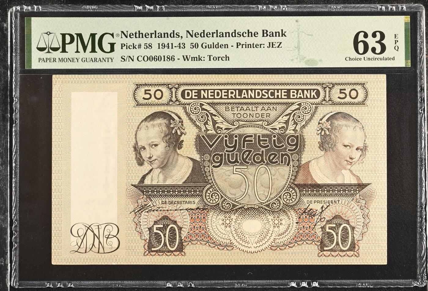 《艾美收藏》第223期-12.7周日外币畅拍 荷兰1941年50盾PMG63E倒置靓号 带EPQ原票状态好 少见品种 吃牡蛎的女孩 Pick#58