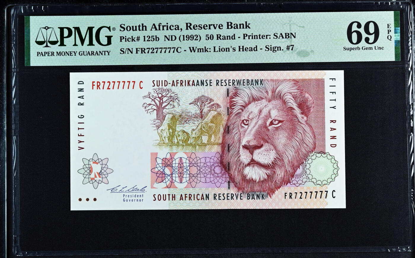 【Blue Auction】世界纸币精拍第759期——18级TOP拍卖/信誉/品质/专业/高效💫 【唯一冠军分 近全同7 老虎7】南非 1992年50兰特 狮子 PMG69EPQ 近满分 