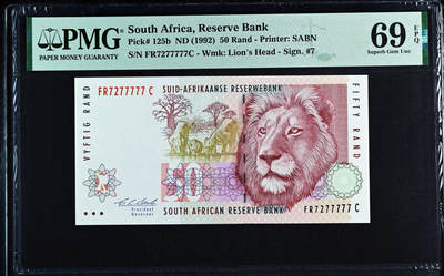 【Blue Auction】世界纸币精拍第759期——18级TOP拍卖/信誉/品质/专业/高效💫 - 【唯一冠军分 近全同7 老虎7】南非 1992年50兰特 狮子 PMG69EPQ 近满分 
