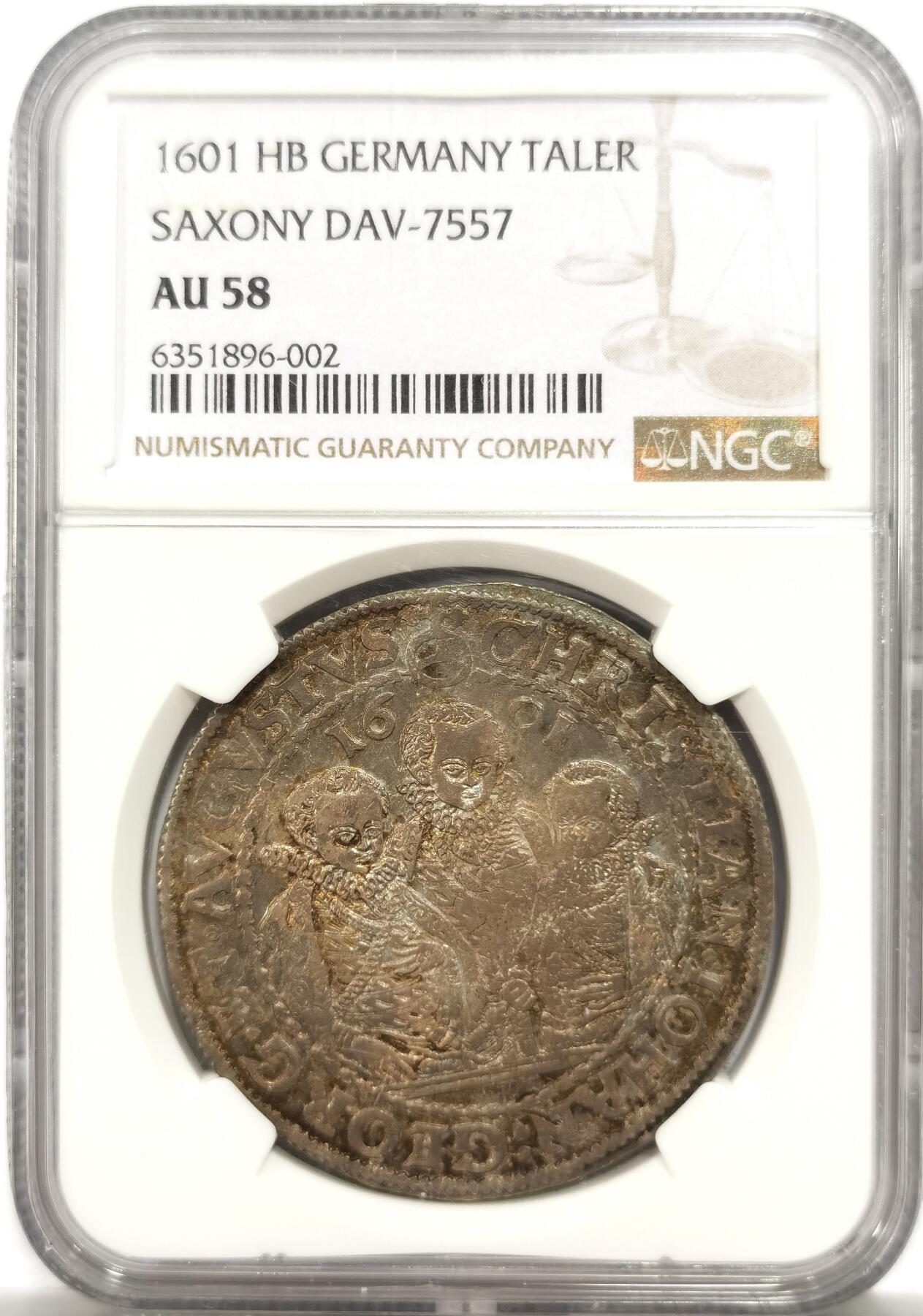 博洋堂世界钱币拍卖第150期（全场包邮） NGC AU58 1601年德国萨克森克里斯蒂安二世、乔治一世以及奥古斯特联合执政泰勒。萨克森最早期的泰勒之一，也是大名誉品种。非常漂亮的欧洲纸袋包浆，四百余年的传承依旧保留原始光泽，状态打制均堪称出色，人像细致入微。这段时间的欧洲拍卖类似的品种普遍能过万，国内现货极为难得