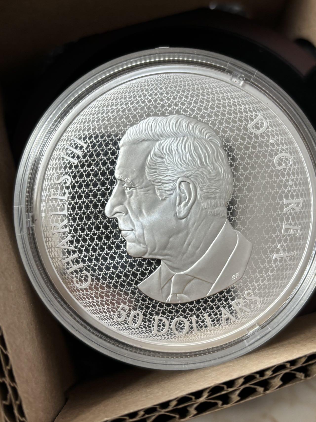 第185期拍卖 加拿大2024年莲花和蜻蜓镀金5盎司镶嵌可旋转纪念银币，9999银，157.6克，发行1250枚