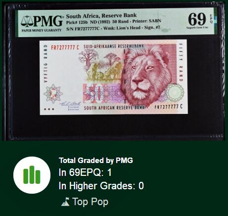 【Blue Auction】世界纸币精拍第759期——18级TOP拍卖/信誉/品质/专业/高效💫 【唯一冠军分 近全同7 老虎7】南非 1992年50兰特 狮子 PMG69EPQ 近满分 
