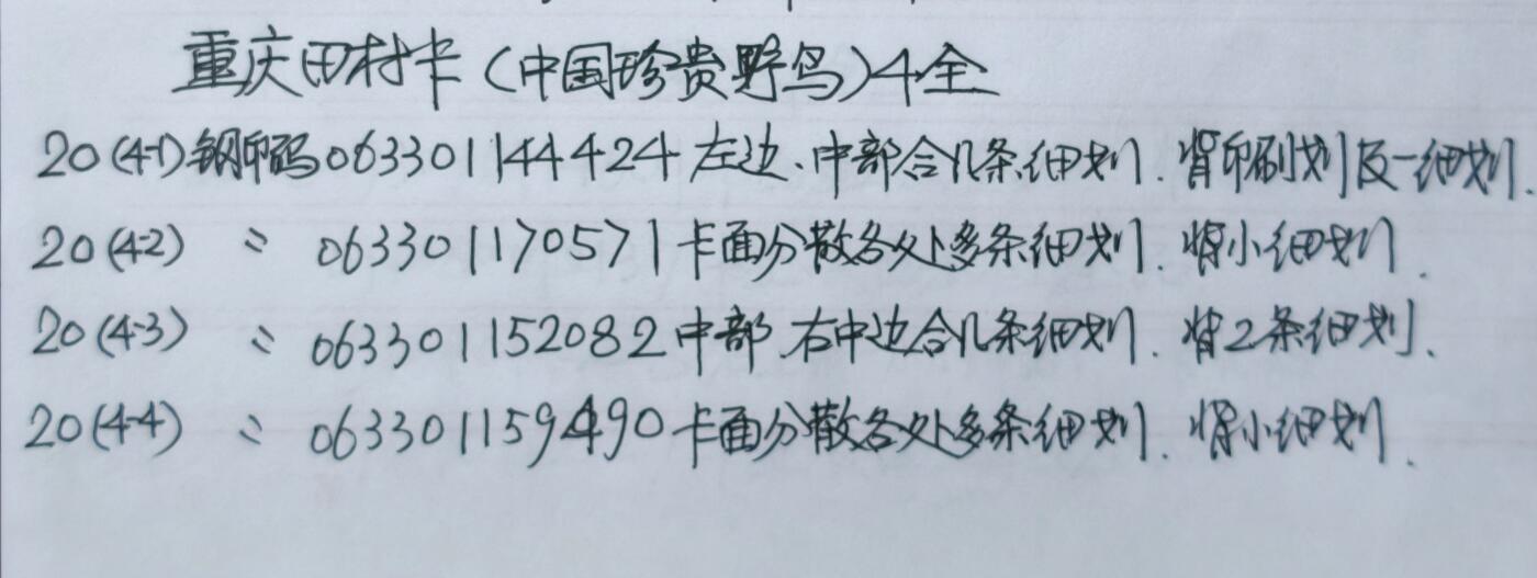 公藏第59期裸卡拍卖 重庆田村新卡【中国珍贵野鸟】4全品相钢印码见描述。