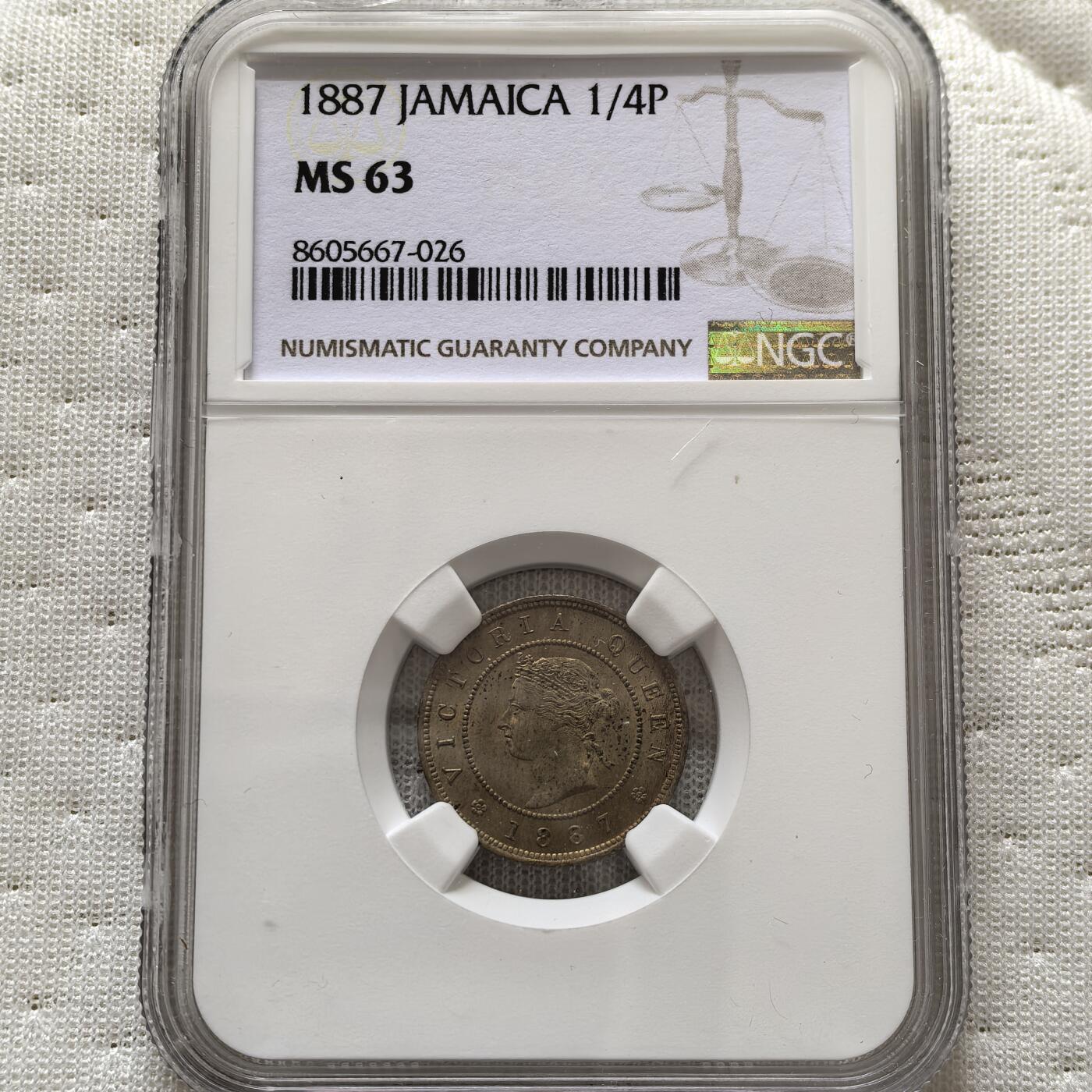 道一币馆币章第一百五十八场 NGC MS63 英属牙买加1887年维多利亚女王1法新铜镍币