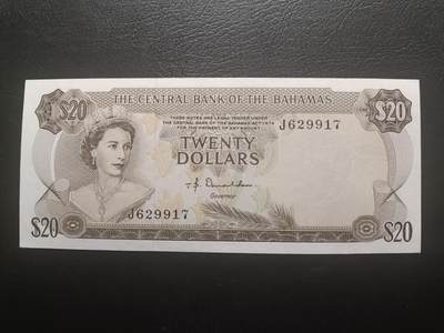 2025十二月第一期，总206期 - 巴哈马1974版20元UNC-，后期“巴哈马中央银行”抬头，稀有的中高面值，大冠女王和传统观光马车，德纳罗公司水粉画风格的唯美彩背