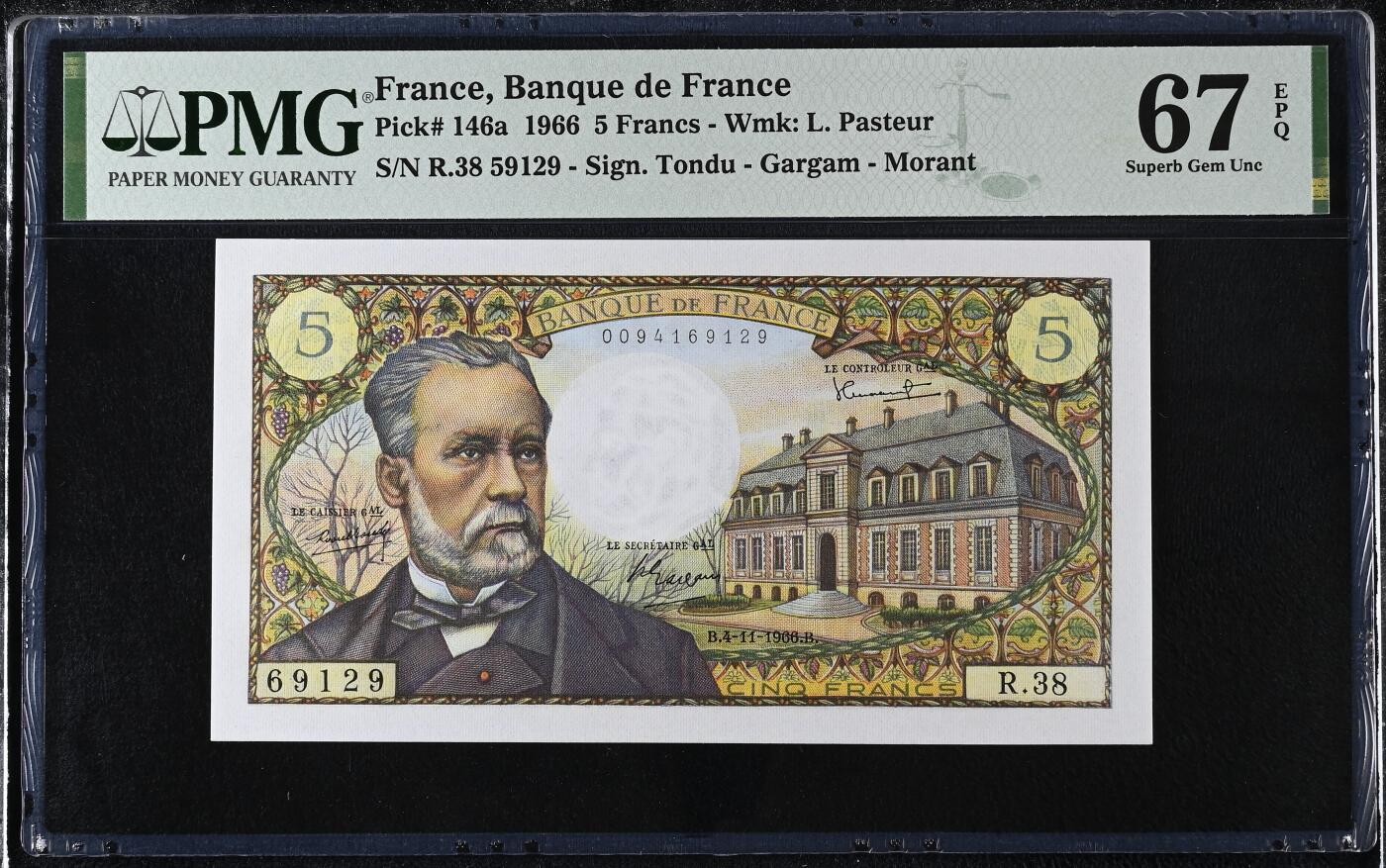 《艾美收藏》第223期-12.7周日外币畅拍 法国1966年5法郎PMG67E高分无47 法国微生物学家巴斯德 Pick#146a第一签名